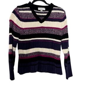 CAROLYN TAYLOR Women’s Sz M Multicolor Striped V-Neck Ribbed Knit Sweater